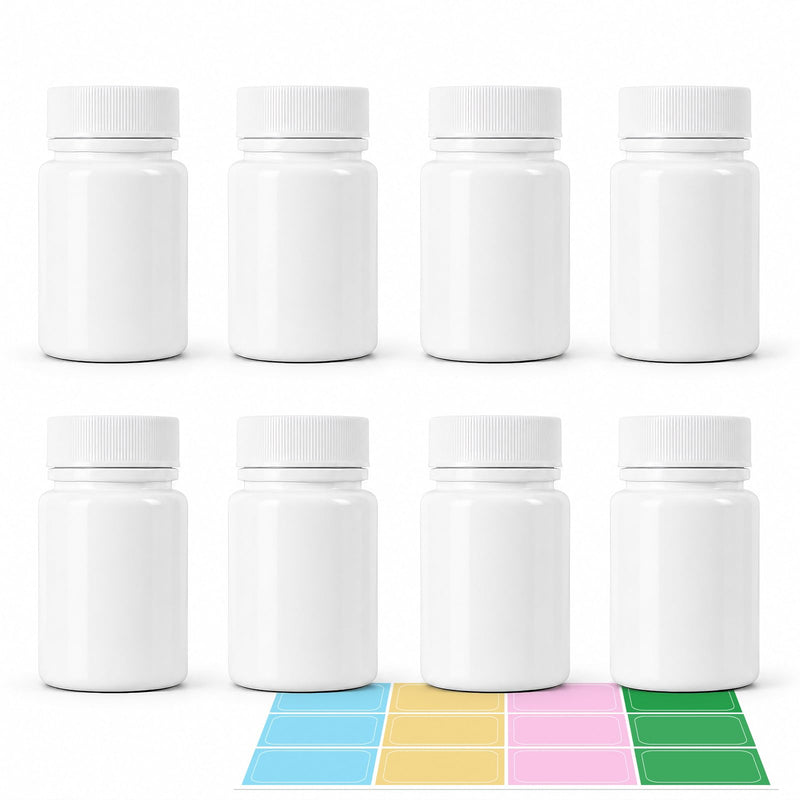 METAPACK 8 Pack 1.6 oz Food Grade Pill Bottles with Labels and Screw Caps | Opaque BPA-free HDPE construction with aluminum foil liners; ideal for tablets, capsules, vitamins, supplements and powders. White 1.6oz/50ml