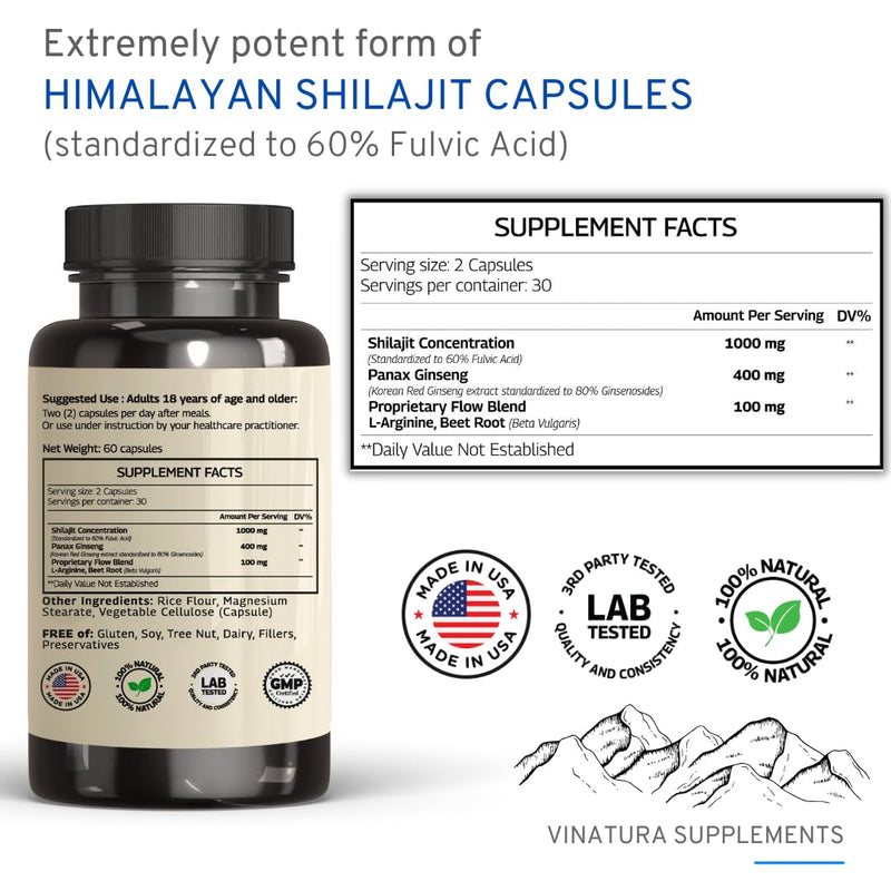 [Australia] - Shilajit Pure Himalayan Capsules (60% Fulvic Acid) - 1500mg with Panax Ginseng, Shilajit Supplement per serving - High in Trace Minerals *USA Made & Tested* Immune Support 
