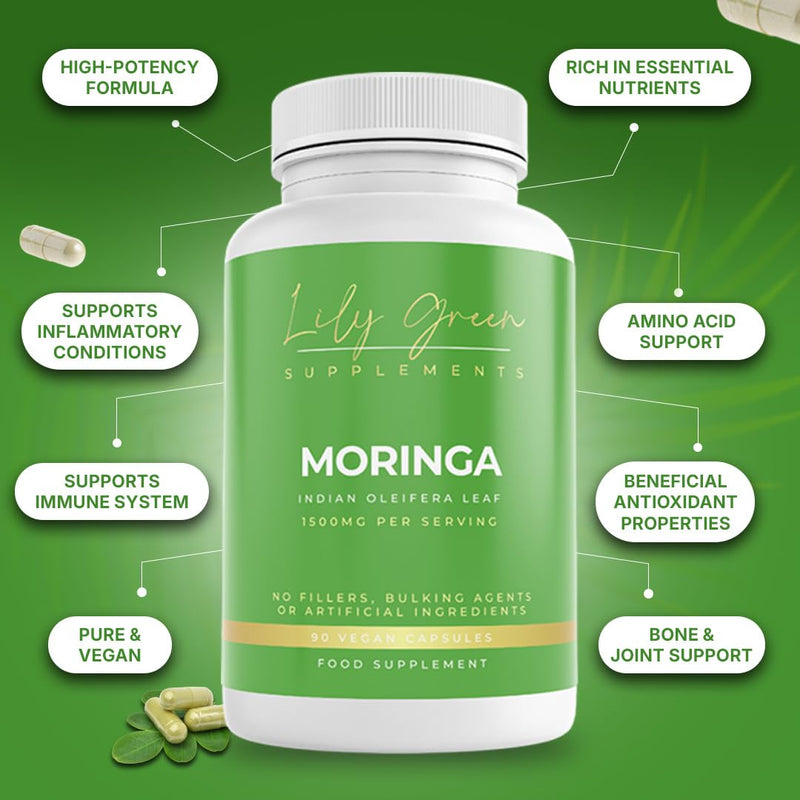 Lily Green Organic Moringa Capsules | High Strength Pure Moringa Supplement | No Artificial Additives | 90 Vegan Capsules | Made in UK