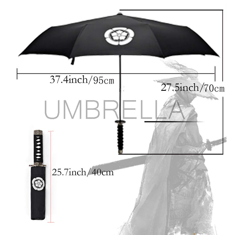 Cool Lemon Samurai Katana Master Sword Hilt Handle Folding Umbrella Anime Portable Travel Japanese Ninja Compact Umbrellas Windproof, Black Glue Anti UV, Business Birthday Gift for Men