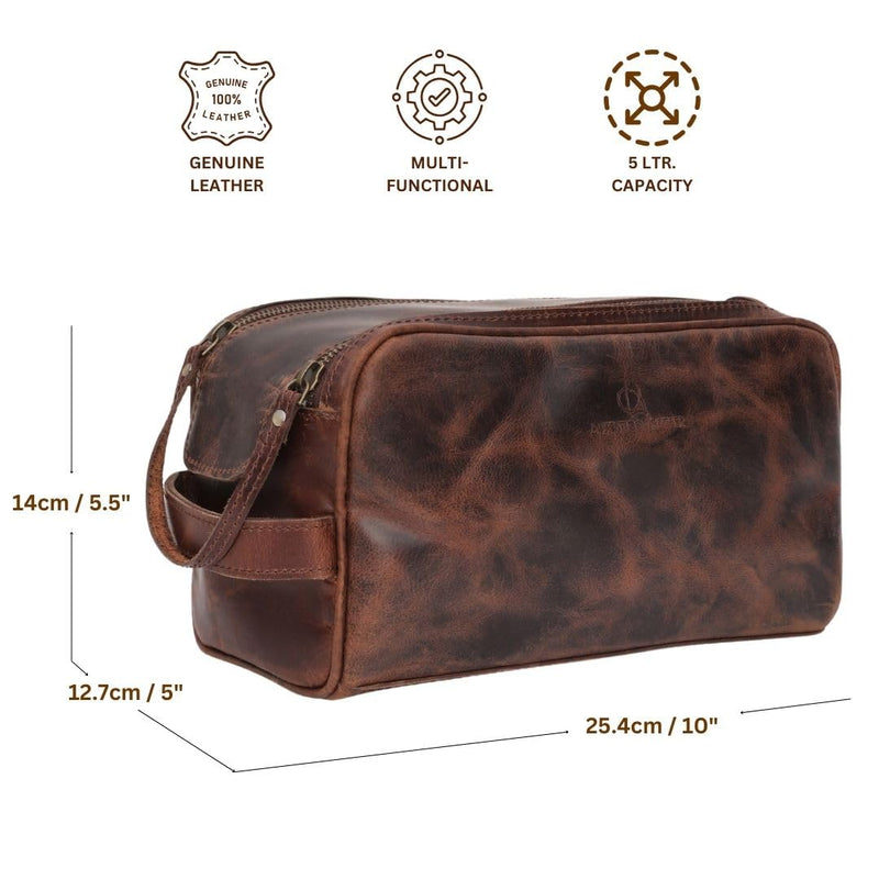 Toiletry Bag for Men – Genuine Leather Dopp Kit, Travel Organizer for Grooming Essentials, Large Shaving Kit Pouch, Durable Dark Brown Gift for Men