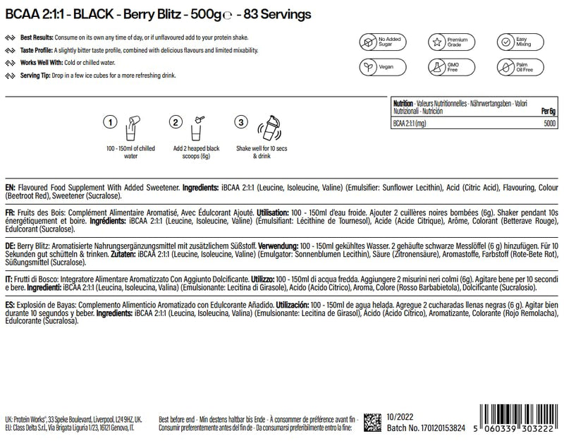 Protein Works | BCAA 2:1:1 - Black Innovation, Premium Essential Amino Acid Blend, Supports Growth & Maintenance of Muscle Mass, Optimal 2:1:1 Ratio, Berry Blitz, 83 Servings, 500g 500 g