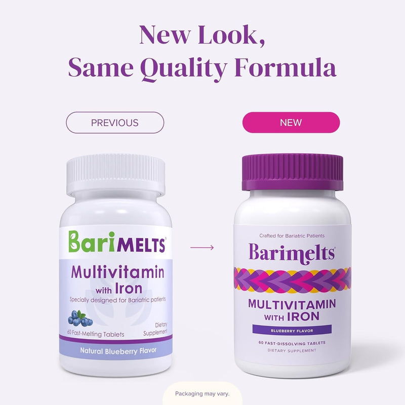 BariMelts Bariatric Multivitamin with Iron - 1 Month Supply (60 Fast-Dissolving Tablets) - Sugar-Free - Post-Op Bariatric Vitamins - Natural Blueberry Flavor 60 Count (Pack of 1)