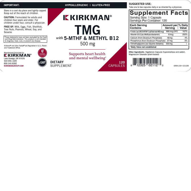 TMG (Trimethylglycine) 500 mg w/Folinic Acid & B12 Capsules - Hypo 120 capsules