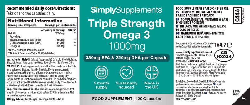 Triple Strength Omega 3 1,000mg | Supports Heart, Brain & Eye Health | Rich in Omega 3 Fatty Acids | 660mg of EPA and 440mg of DHA per Serving | 120 Capsules = 2 Months’ Supply | Made in UK 120 count (Pack of 1)