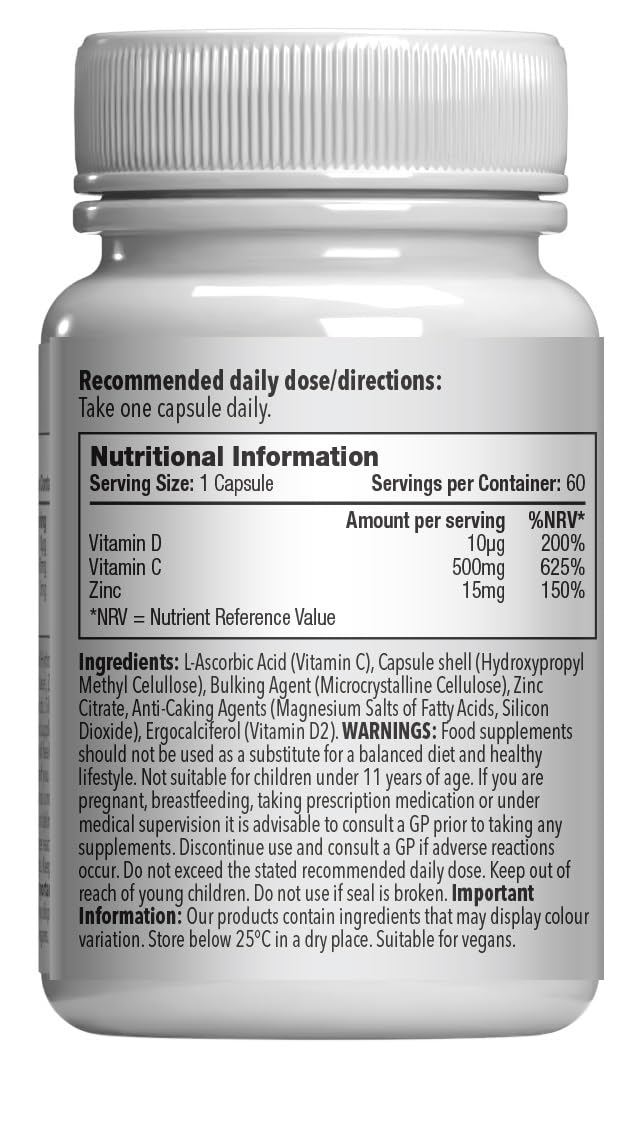 Vitamin C, D and Zinc Capsules for Immunity Support | One-a-Day Formula | 120 Fast Release Capsules = 4 Months’ Supply | Vegan Friendly | Manufactured in The UK Unflavoured (Label) 60 count (Pack of 2)
