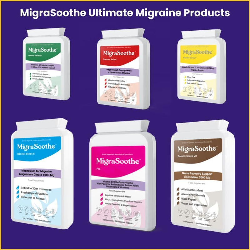 Migraine MigraSoothe Booster Series VII Lion's Mane 3000 Mg Migraine Nerve Recovery Repair Support UK Made and Allergen Free - 120 Capsules