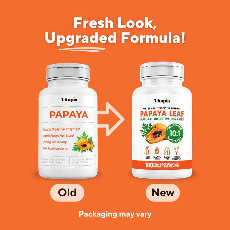 Papaya Leaf 10:1 Extract - Natural Digestive Enzymes for Digestion, Bloating Relief, Immune Support - 1500mg Per Serving - 180 Veggie Capsules - Non-GMO, Gluten-Free, Vegan-Friendly Supplement Papaya Enzyme 180