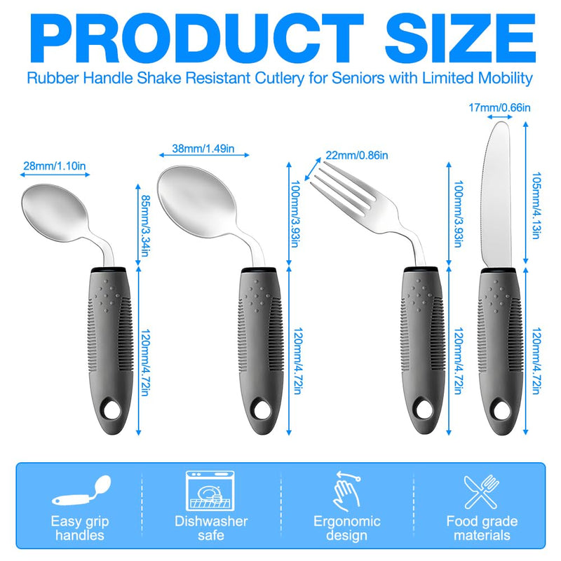 Adaptive Utensils Set, 4PCS Cutlery for Arthritic Hands with Fixing Strap, 42° Angled, 3oz Weighted, Arthritis Aids Bendable Cutlery Easy-Grip Ergonomic for Disabled Hands, Parkinson, Arthritis