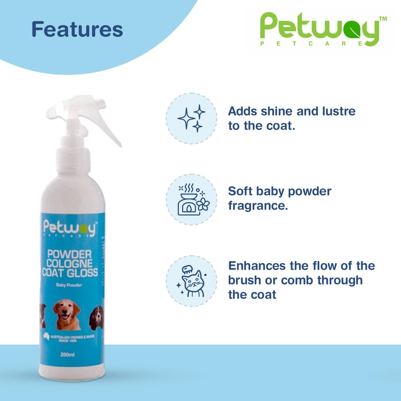 Petcare Powder Cologne Coat Gloss – Natural Cosmetic Dog cologne spray, Dog Show Gloss with a Soft Baby Powder Fragrance, Pet Odour Eliminator and Dog Grooming Spray– 250ml - PawsPlanet Australia