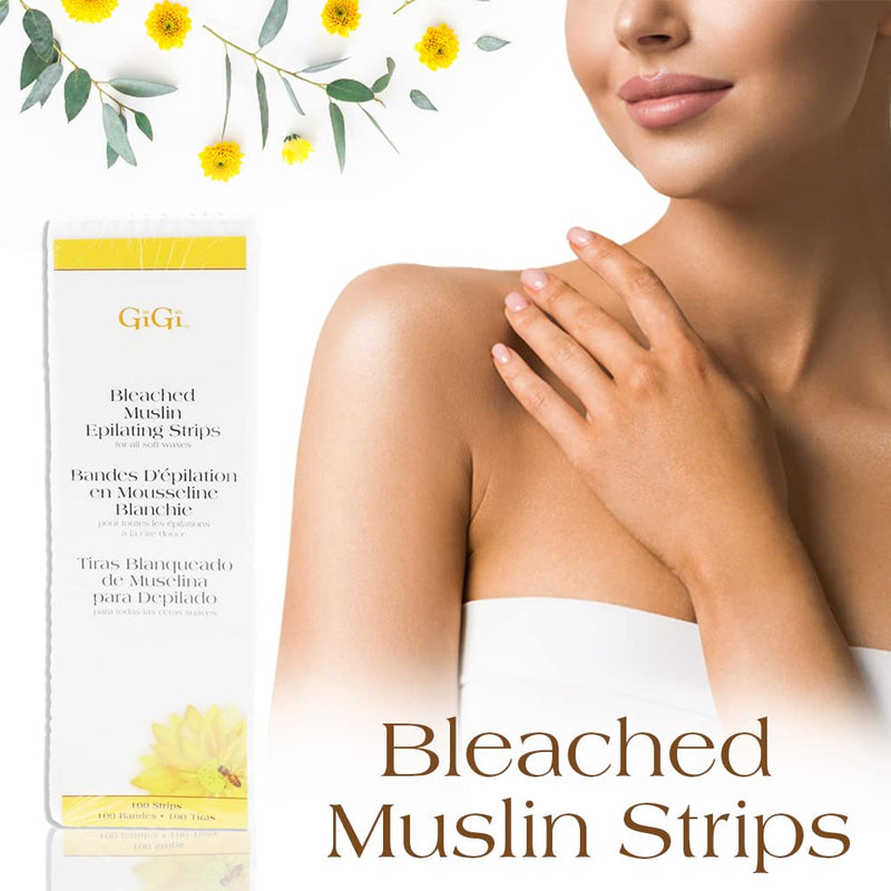 Gigi Bleached Muslin Epilating Strips for Soft Wax - Professional Hair Removal Wax Strips for Waxing, (3”X9”), 100 Strips, 1 Pack 1 Count (Pack of 1) Large Bleached Muslin Strips