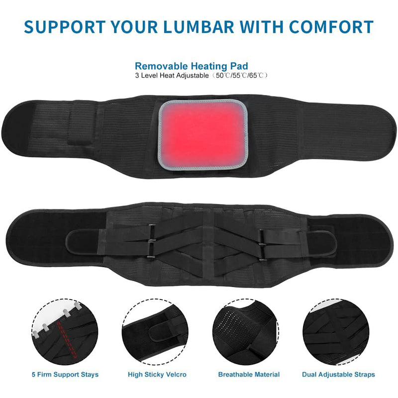 Heated Back Brace Rechargeable for Lower Back Pain Relief, Heating Lumbar Support Belt with 7 Metal Stays, 3 Heat Levels for Men Women Herniated Disc, Scoliosis,Sciatica (L) Large Black