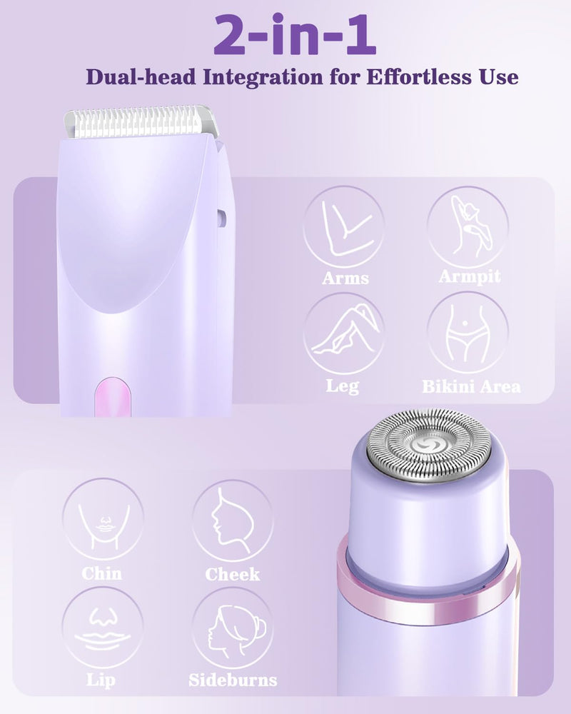 [Australia] - Bikini Trimmer for Women, Dual-Head Women's Electric Razor, 2-in-1 Electric Shaver for Women Pubic Hair/Legs/Arms/Underarm/Face, IPX7 Waterproof Wet/Dry Use (Purple) Purple 