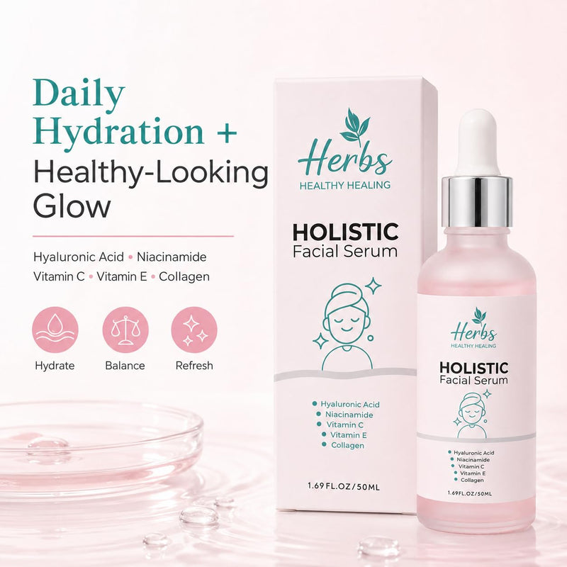 Herbs Healthy Healing Holistic Facial Serum for Face, Hydrating Face Serum with Hyaluronic Acid, Niacinamide, Vitamin C & E, Collagen, Lightweight Dropper Serum, 1.69 fl oz / 50 ml