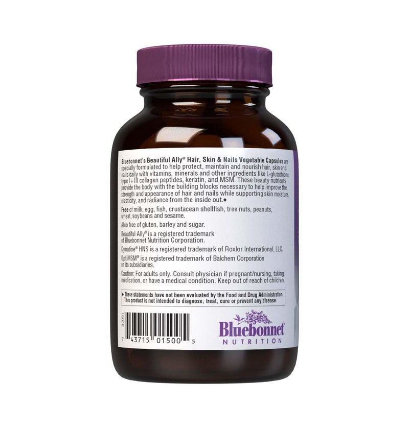 Bluebonnet Nutrition Beautiful Ally Hair, Skin & Nails, Hydrolyzed Collagen from Grass Fed Cows, Collagen Peptides Type 1 & 3, Non GMO, Gluten Free, Soy Free, Milk Free, Kosher, 60 Vegetable Capsules | Skin & Nails