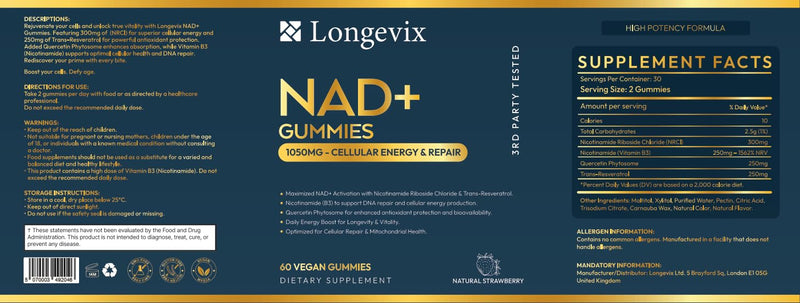 NAD+ Gummies 1050mg – 4-in-1 Booster with NR 300mg + Trans-Resveratrol 250mg + Pure Nicotinamide 250mg + Quercetin-250mg Per Serving – Vegan Sugar-Free – 60 Count (30-Day Supply)