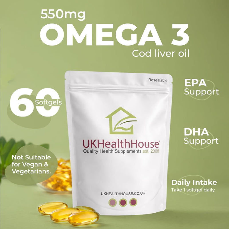 UKHealthHouse Cod Liver Oil Capsules 550mg | High Strength Cod Liver Oil Capsules for Heart, Brain Health & Immune System | Rich in Omega 3 Fatty Acid, Fish Oil with EPA & DHA | 60 Softgels