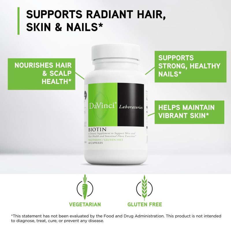 DAVINCI Labs Biotin - Supports Skin & Hair Health, Intestinal Flora Function* - Dietary Supplement with Vitamin C & Calcium as Ca Carbonate - Vegetarian - Gluten-Free - 60 Capsules 60 Count (Pack of 1)