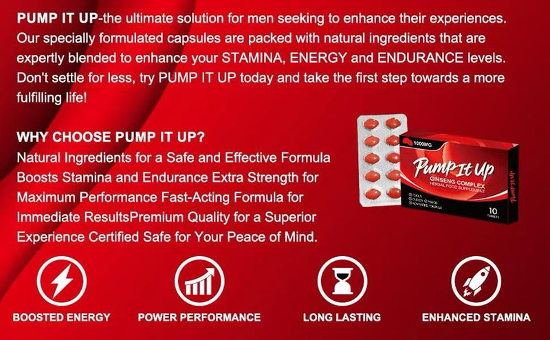 PUMP IT UP RED 1000mg | Stronger | Longer | Harder | Performance | Extra Strength Enhancing Pills, Stamina Endurance Booster Supplement Pills for Men | 10 Ginseng & Maca Tablets