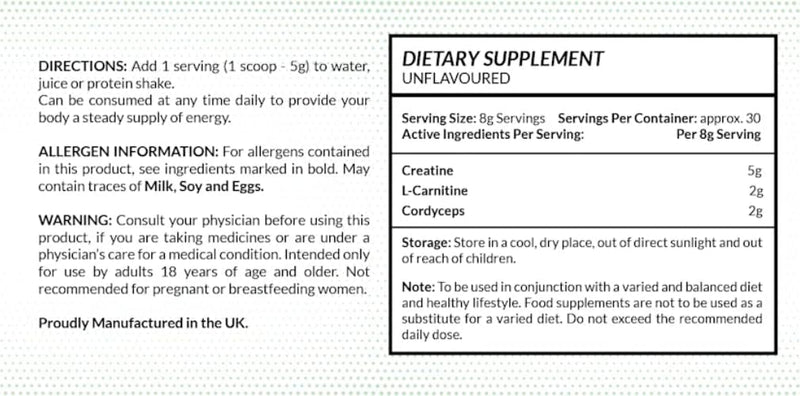 PROFUEL Creatine, L-Carnitine & Cordyceps Powder - 240g - Increase Strength & Performance - Gym Supplement for Men & Women