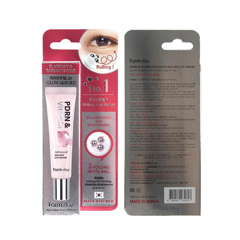 FARMSTAY PDRN & Vitamin Advanced Rolling Eye Serum | Puff Eye Bags Uneven Tone Dark Circles Korean Skincare Cream Gel Collagen KBeauty Elasticity Hyaluronic Acid Collagen 0.85 Fl Oz