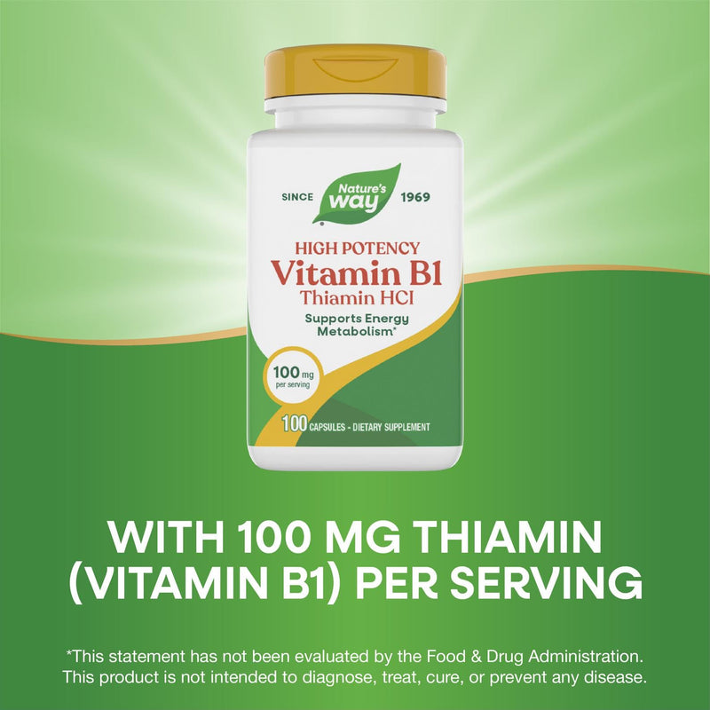 Nature's Way Vitamin B1, High Potency, 100 mg Thiamin per Serving, Thiamin HCl, Supports Energy Metabolism*, Gluten Free, 100 Capsules (Packaging May Vary)