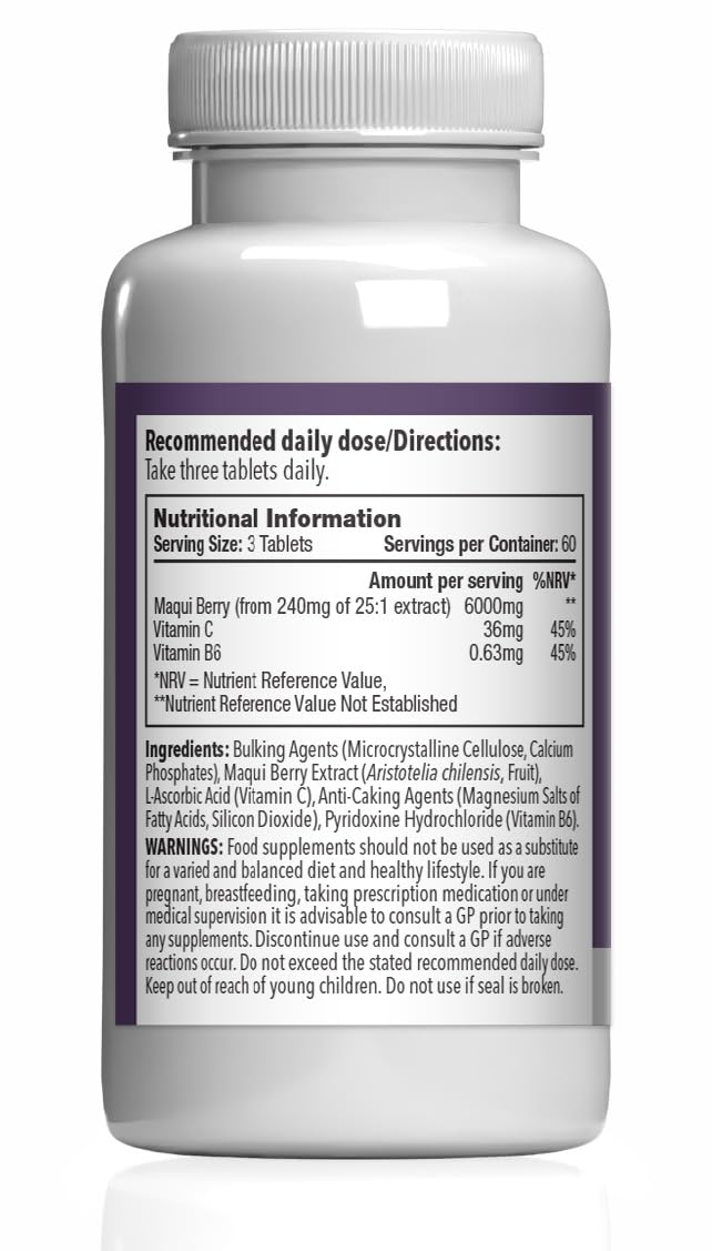 Maqui Berry Supplement 6000mg | with Vitamin C | Supports Immune Function & Reduces Fatigue | Vegan & Vegetarian Friendly | 180 Tablets = 2-Month Supply | GMP Certified and UK Made Unflavoured 1 count (Pack of 180)
