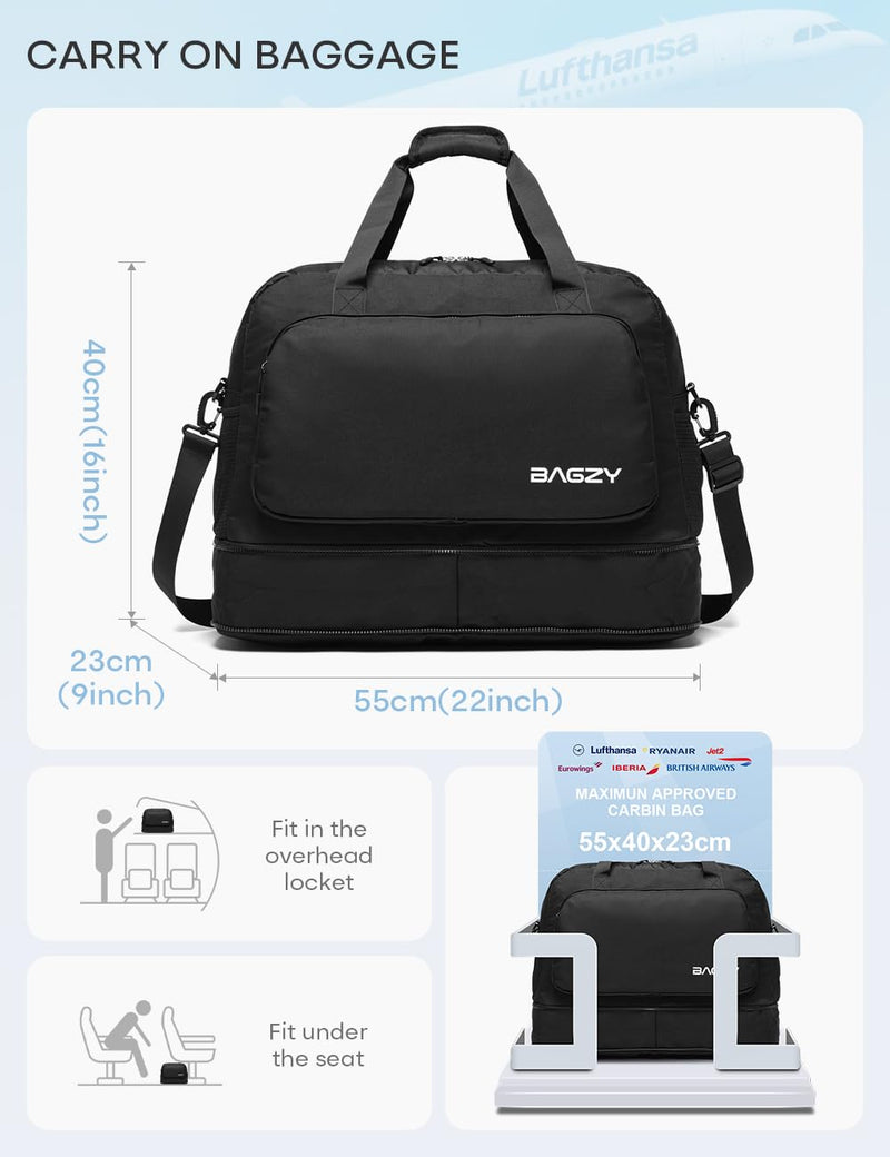 Under-seat Carry on Bags for Airplanes Personal Item Travel Bag 38L Expandable 50L Lightweight Duffle Bag Water-resistant Weekender Bags with Wet Pocket for Gym Overnight Hospital Blue
