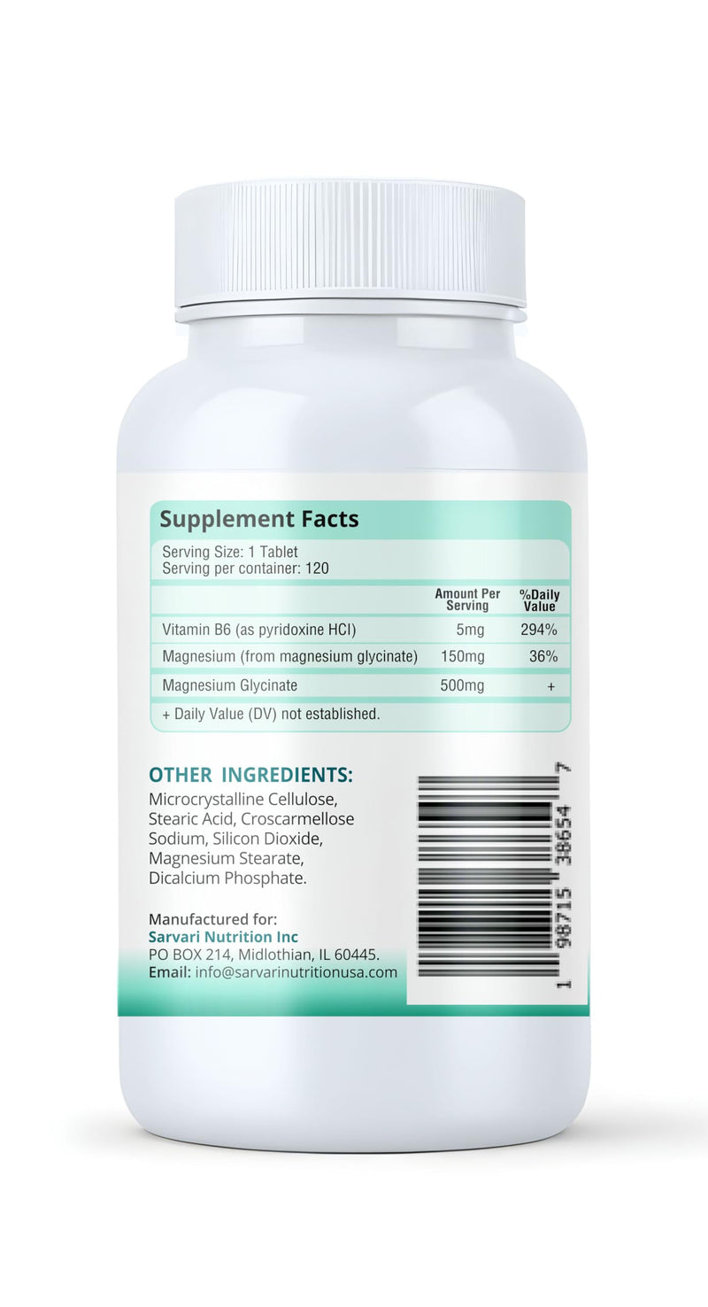Magnesium Glycinate Supplement 500mg |120 Vegetarian Tablets, Added Vitamin B6 for Enhanced Absorption | Made in USA, 3rd Party Tested, Non-GMO & Gluten Free.