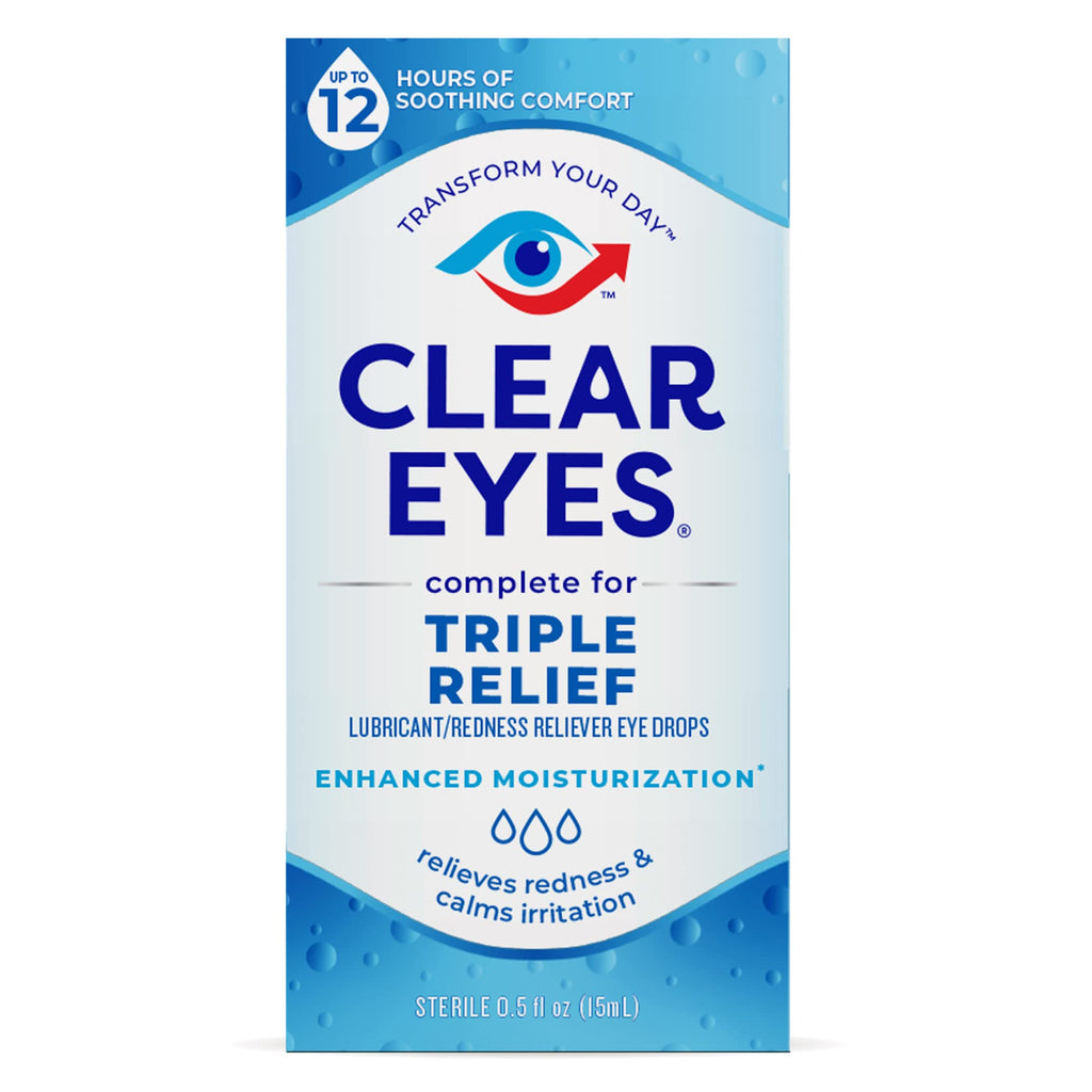 Clear Eyes Triple Relief Eye Drops, Relieves Redness & Calms Irritation, 0.5 Fl Oz 0.5 Fl Oz (Pack of 1) Triple Action