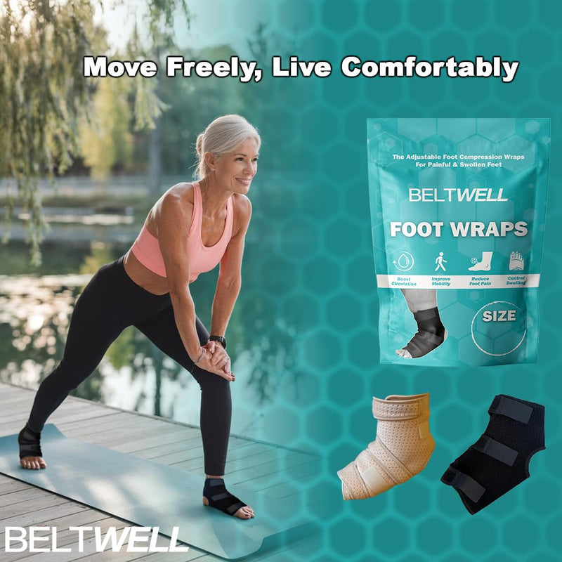 Beltwell® - Adjustable Foot & Ankle Compression Wraps For Edema, Lymphedema, Swelling, Neuropathy, Diabetic Foot Care, Circulation (2 Wraps) (Beige, Large) Beige