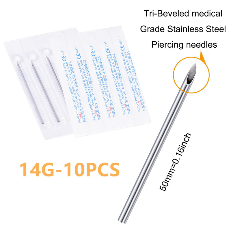 JIESIBAO 10PCS 14G Piercing Needles, Hollow Needles Stainless Steel Disposable Sterile Piercing Needles for Belly Navel Ear Cartilage Nose Lip Tongue Nipple Piercing 2-14G(1.6mm)