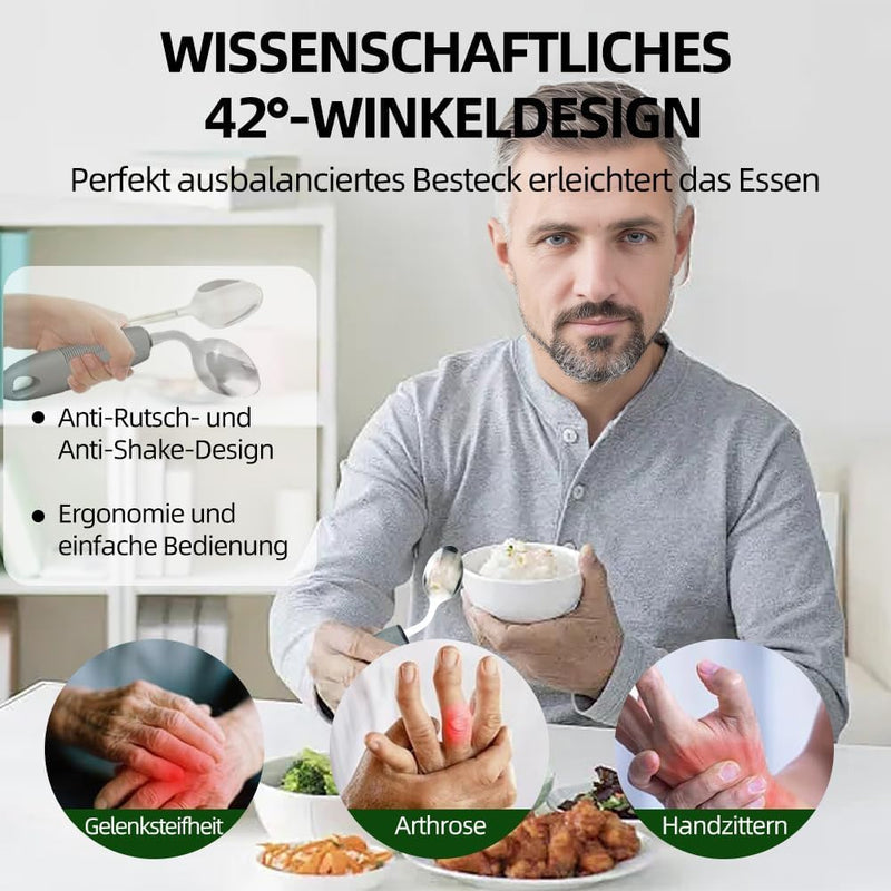 42° Angle Parkinson Cutlery (4-Piece), Adaptive Cutlery Set, 85 g Weighted Cutlery for Hand Tremors and Arthritis - Ergonomic Eating Aids with Non-Slip Handle (Right-Handed Users)