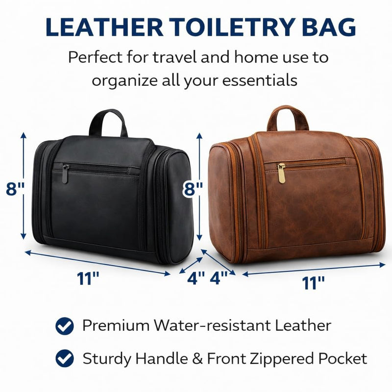 TUCKR Leather Toiletry Bag for Men & Women, Travel Dopp Kit for Everyday Essentials, Water Resistant, Compact & Sleek Design with Hook and Multiple Compartments (Black) Black