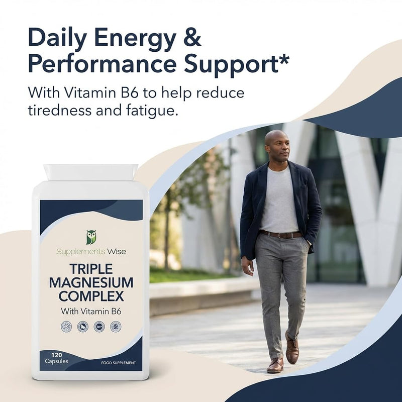 Triple Magnesium Complex - 3 in 1 Blend - Bisglycinate, Malate and Taurate with Vitamin B6 - Magnesium Complex Supplements Suitable for Women and Men - 120 High Strength Capsules
