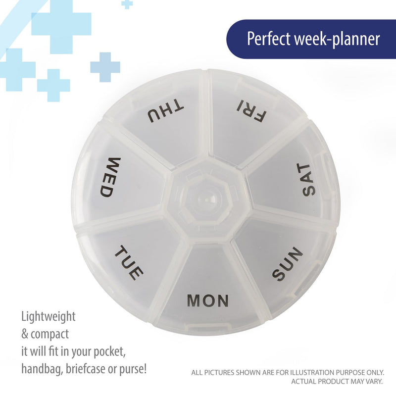 Deke Home - Round Portable Pill Box, Medicine Planner, Small 7 Day Weekly Travel Container, Medication, Vitamin Holder, Pillbox Organizer, Pill Dispenser, Daily Sorter & Reminder, BPA Free Clear 1 Count (Pack of 1)