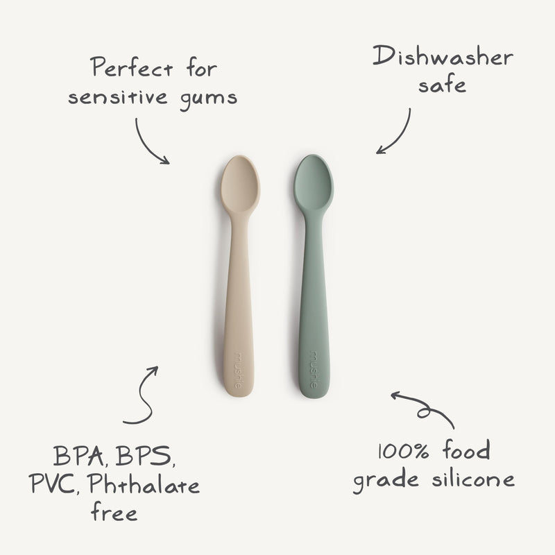 [Australia] - mushie Silicone Baby Feeding Spoons | 2 Pack (Cambridge Blue/Shifting Sand) (Cambridge Blue/Shifting Sand) 