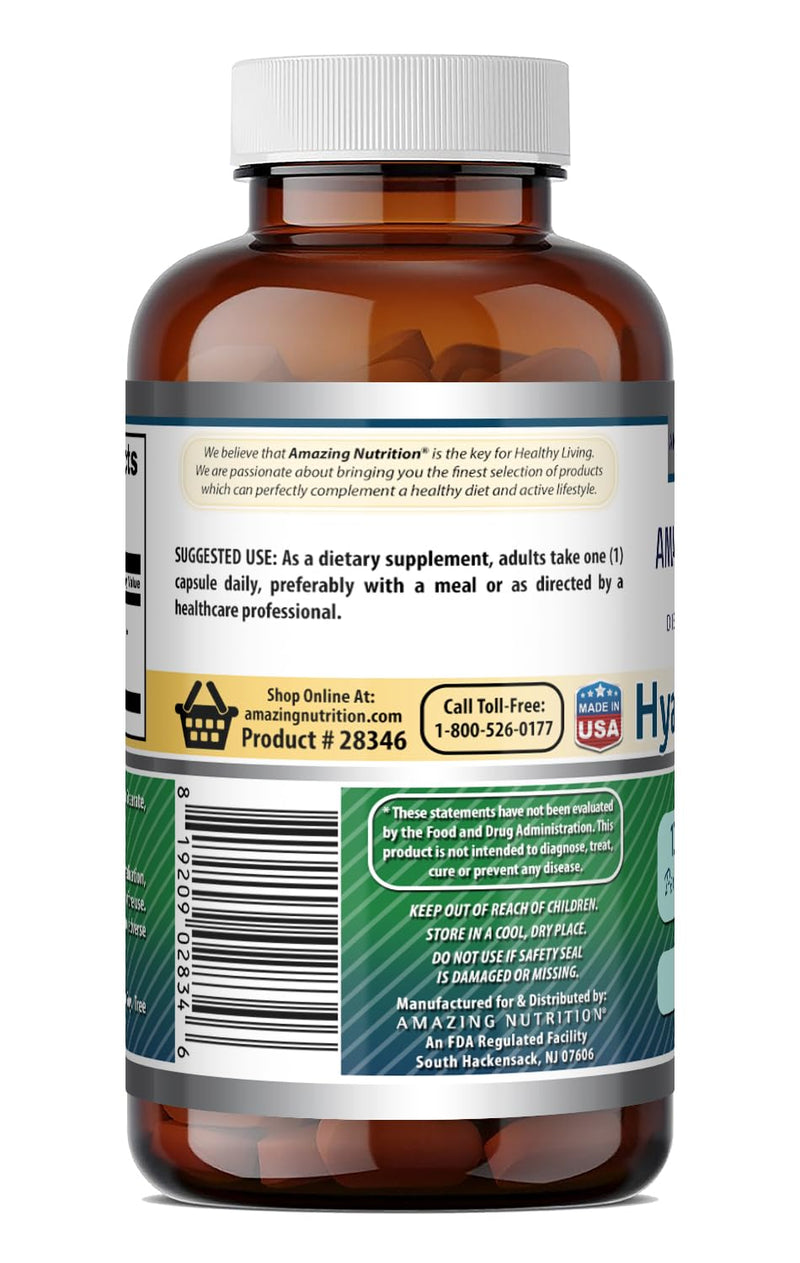 Amazing Formulas Hyaluronic Acid 100 Mg Supplement | Capsules | Non-GMO | Gluten-Free | Made in USA (1 Pack, 60 Count) Unflavored - 60 Count (1 Pack) 60 Count (Pack of 1)