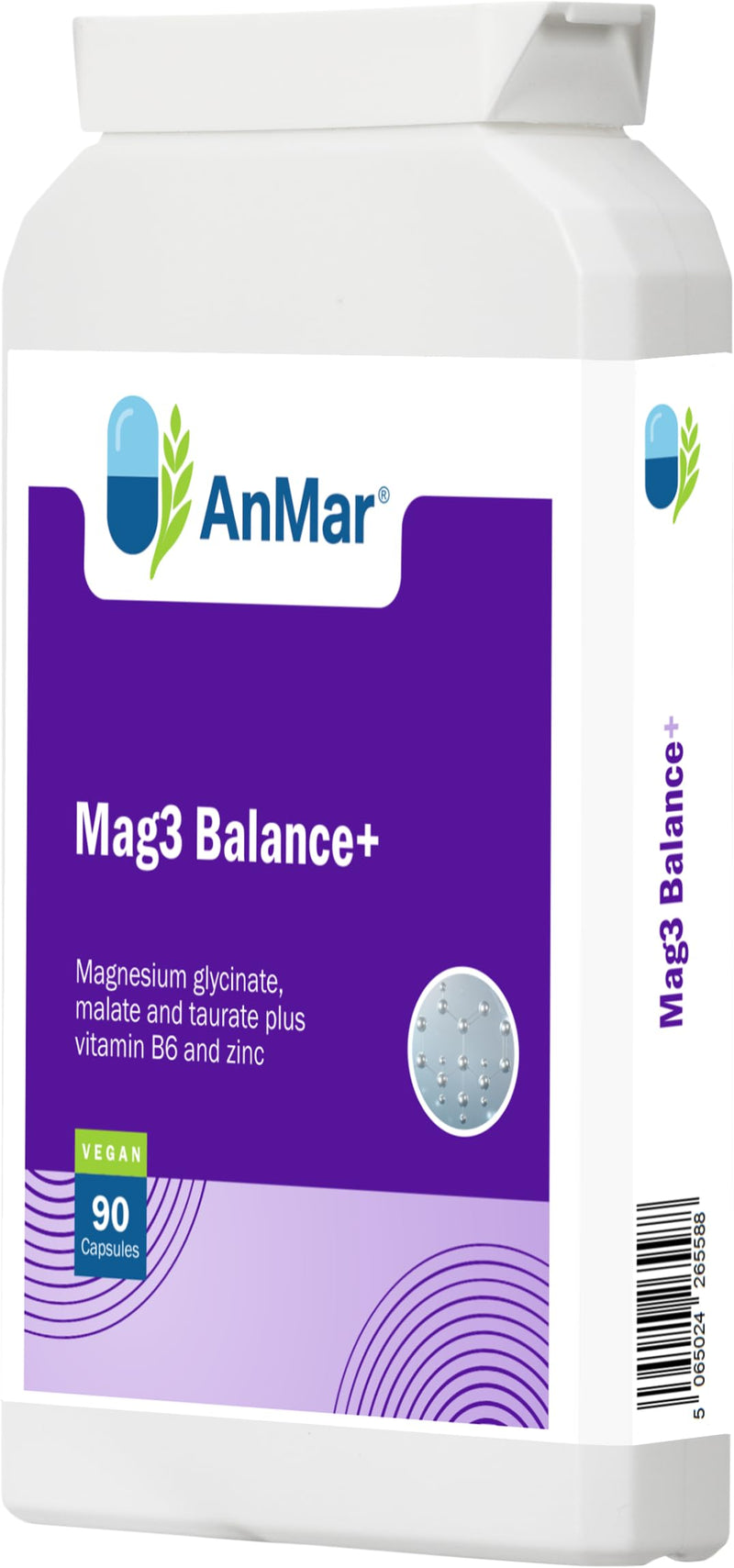 AnMar Mag3 Balance+ Magnesium Complex Capsules – Magnesium Glycinate, Malate & Taurate with Zinc & Vitamin B6 – Vegan Mineral Supplement for Muscle Function & Energy Support – 90 Capsules