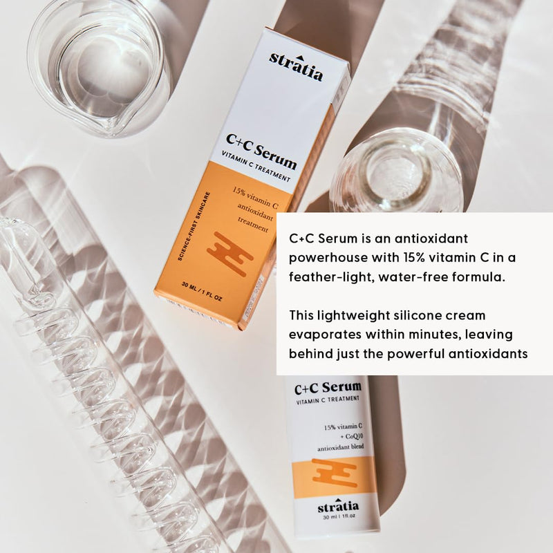 Stratia C+C Vitamin C Serum – 15% Potent Formula with 10% L-Ascorbic Acid for Bright, Even-Toned Skin - Non-Irritating, Water-Free Antioxidant Face Cream, 1 Fl Oz