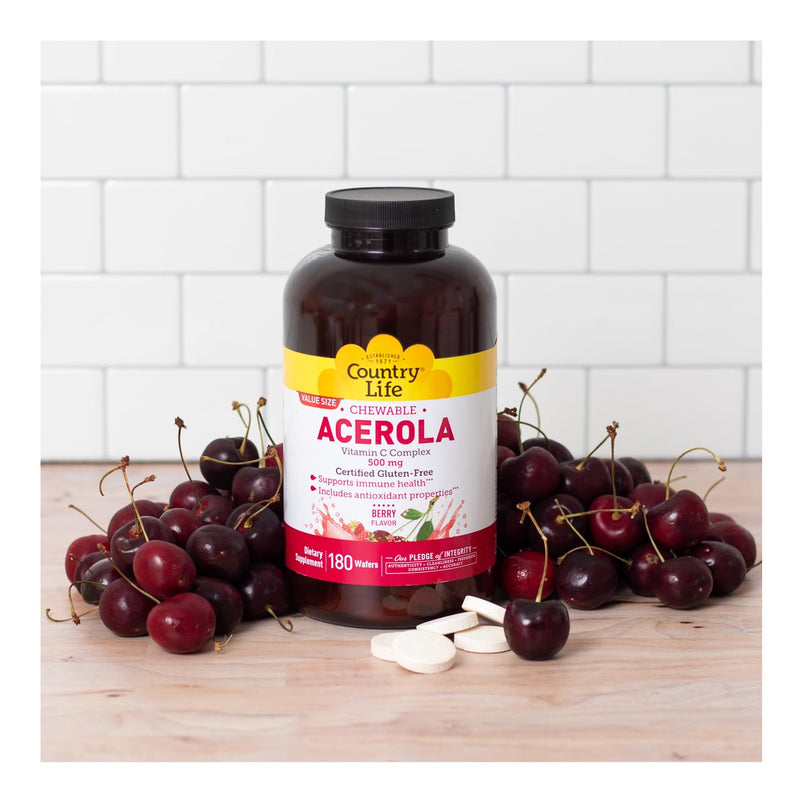 Country Life Acerola Vitamin C Complex 500 mg Chewable Wafers, 180 Count | Berry-flavored wafers with acerola, rose hips and citrus bioflavonoids; 500 mg vitamin C and 180 servings. 180 Count (Pack of 1)