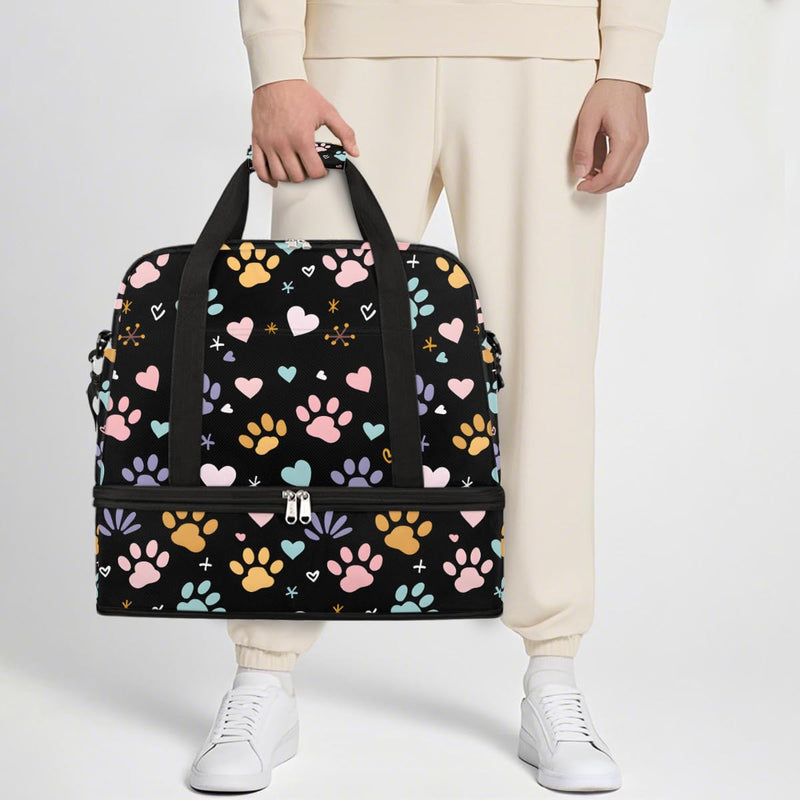 Weekender Bag for Women Man, Paw Prints Foldie Travel Duffel Bag with Shoe Compartment, Carry on Overnight Bag Sports Gym Bag for Airplanes Yoga Dance Beach Swim Hospital A-007