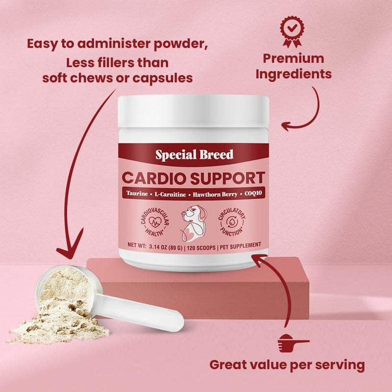 Special Breed Cardio Support for Dogs - Heart Health Support with Taurine, CoQ10, Organic Hawthorne Berry, Powder Supplement, 120 Scoops, 3.14 oz - PawsPlanet Australia