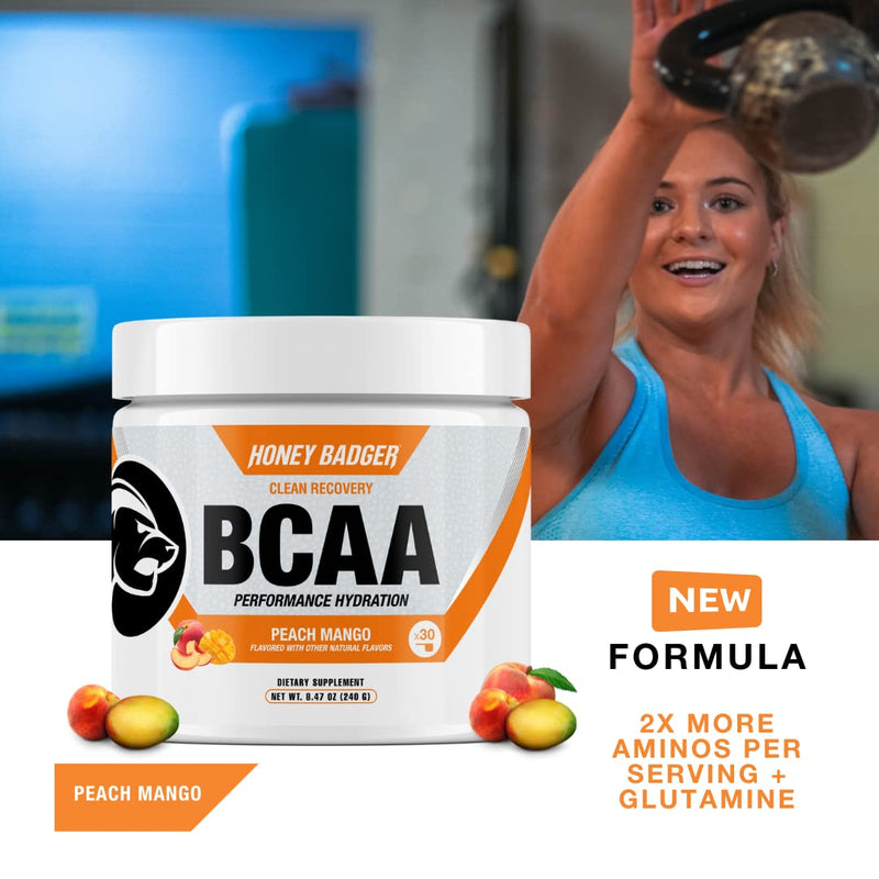 [Australia] - Honey Badger BCAA + EAA Amino Acids Electrolytes Powder, BCAAs + L-Glutamine, Keto, Vegan, Sugar Free for Men & Women, Hydration & Post Workout Muscle Recovery Drink Mix, Peach Mango, 30 Servings 