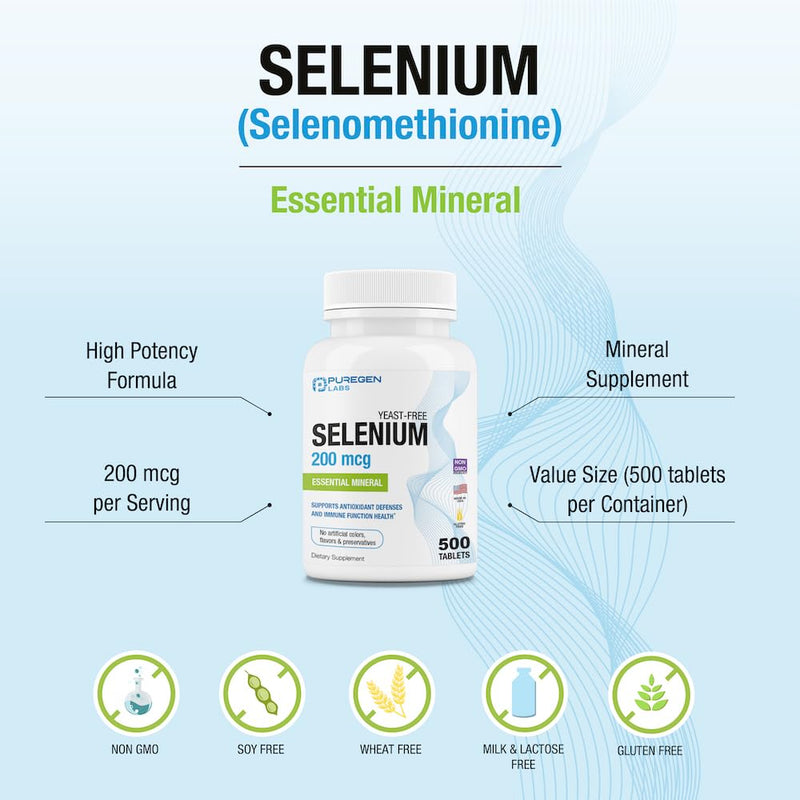 [Australia] - Puregen Labs Selenium 200 mcg Yeast Free Essential Mineral - 500 Vegetarian Tablets | Immune & Antioxidant Support | Non-GMO, Gluten Free, Made in USA 