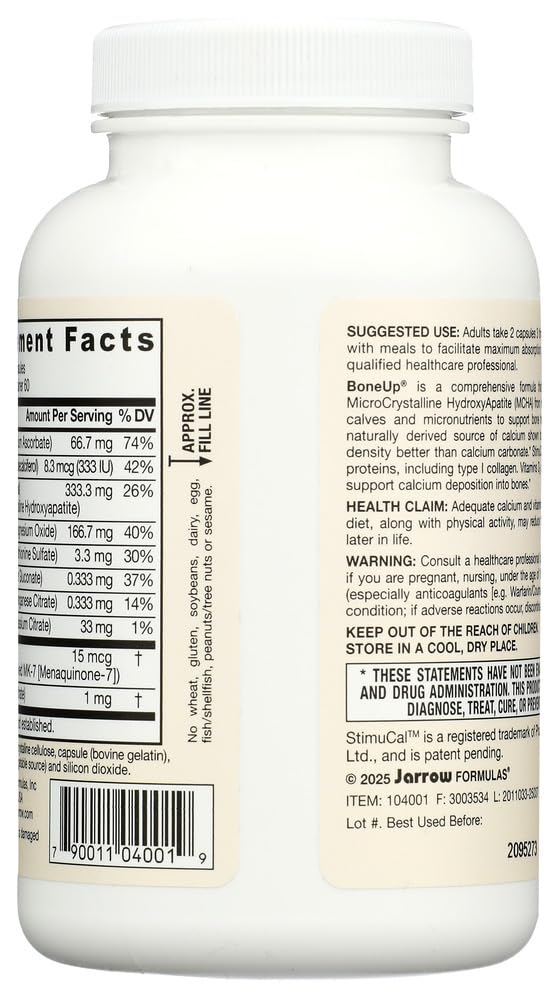 Jarrow BoneUp, 1,000mg Calcium Per Day, 120 Capsules | Bone Density Support, MCHA Calcium, Vitamins D3 & K2, Provides Skeletal Nutrition, Strong Bone Support, 20 Day Supply Unflavored 120 Count (Pack of 1)