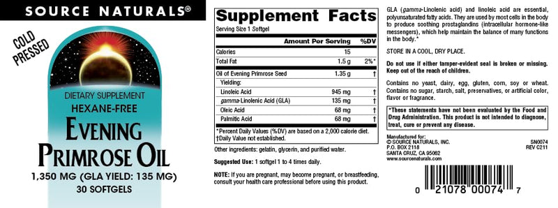 [Australia] - Source Naturals Evening Primrose Oil - Hexane-Free - 1350mg - GLA Yield: 135 mg - Cold-Pressed - 30 Softgels 