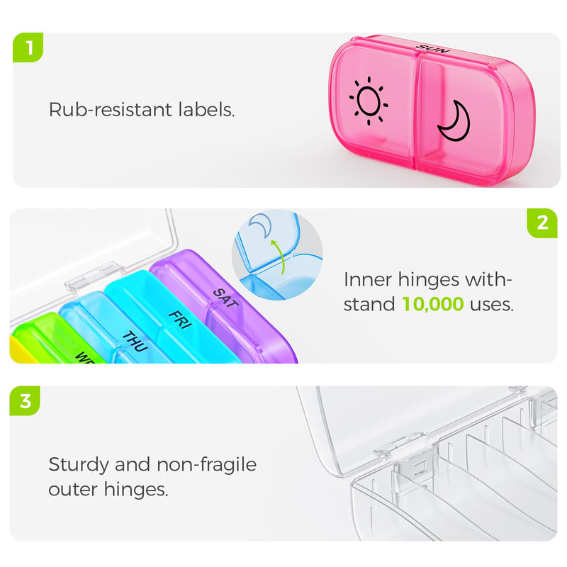 AUVON Weekly Pill Organizer 2 Times a Day, One-Sided Opening, Easy to Use | Weekly Pill Organizer 2 Times a Day, Pill Box 7 Day, Pill Case for Vitamins, Fish Oils, Supplements, Color-Coded Tracking Clear