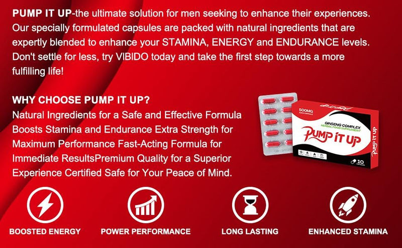 PUMP IT UP RED 500mg | Stronger | Longer | Harder | Performance | Extra Strength Enhancing Pills, Stamina Endurance Booster Supplement Pills for Men | 10 Ginseng LIBIDO Booster Capsules