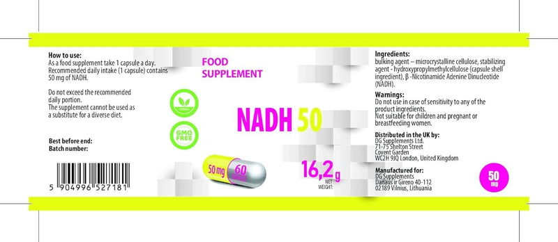 Hepatica NADH 50mg (Reduced Nicotinamide Adenine Dinucleotide) | High Strength | 60 Vegan Capsules | 2-Month Supply | 3rd Party Lab Tested